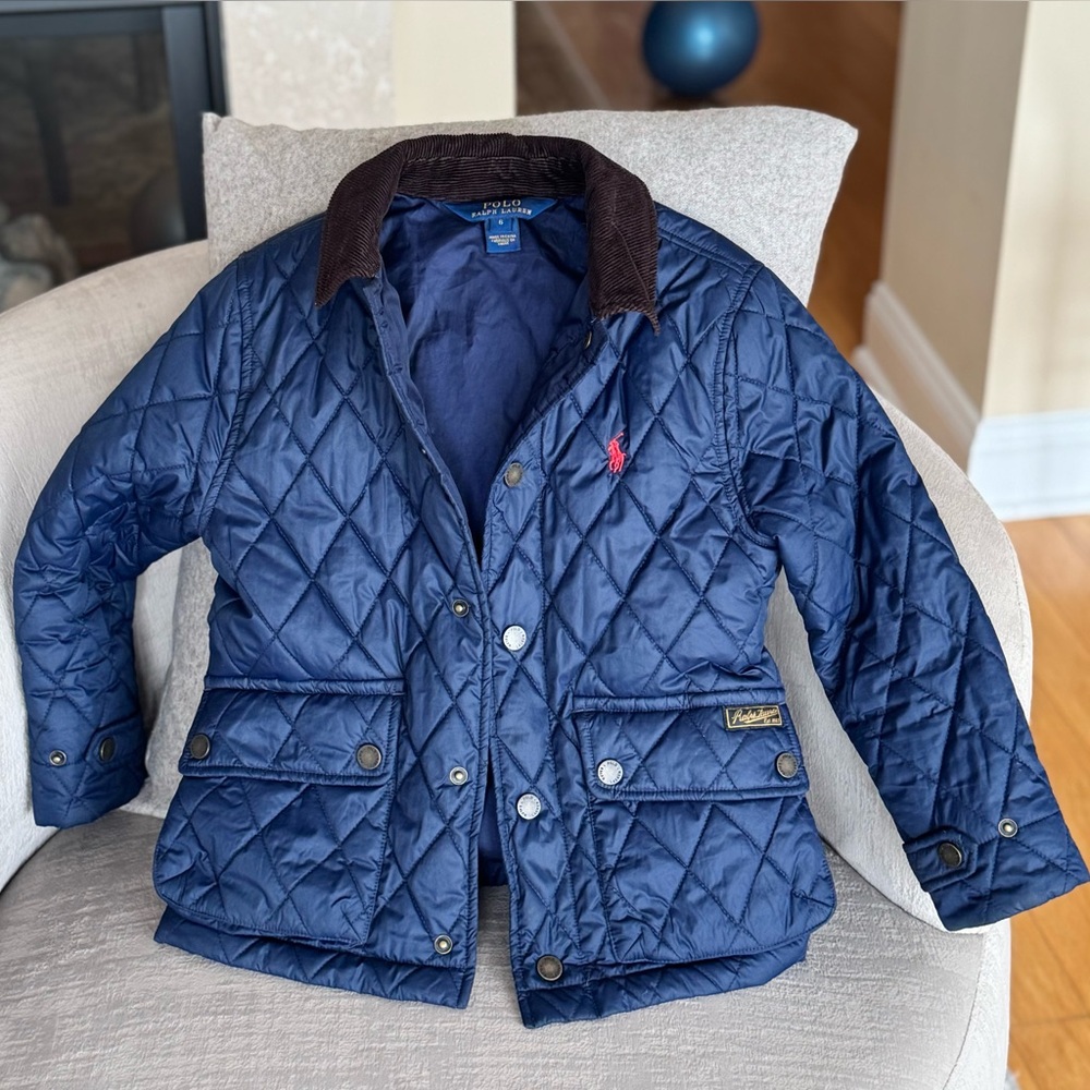 Ralph Lauren Polo Boys Quilted Barn Jacket With Corduroy Collar, Navy, Size 6